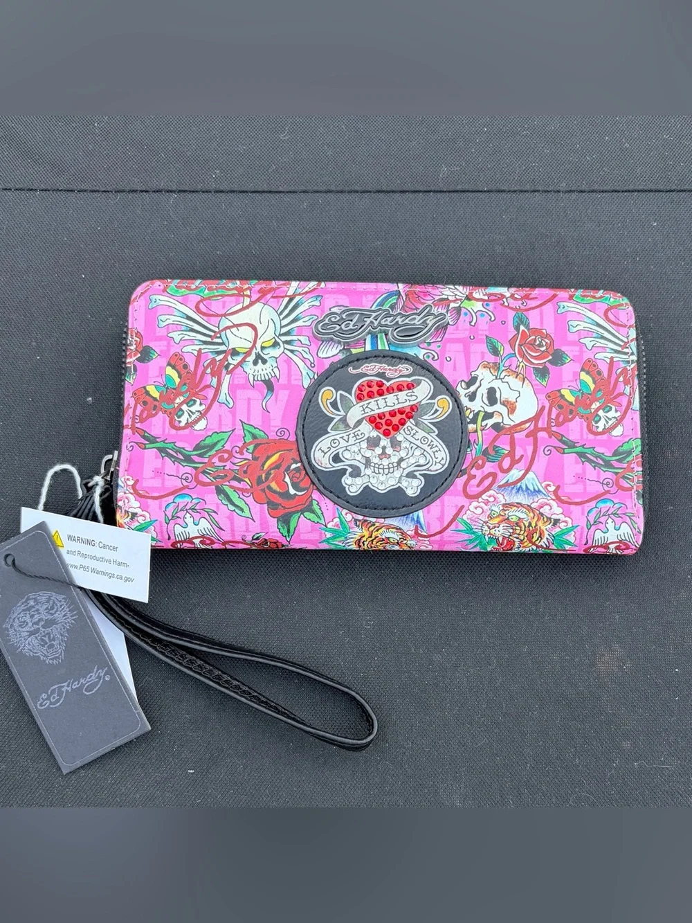 Ed Hardy Pink Tattoo-Print Zip-Around Wristlet Wallet
